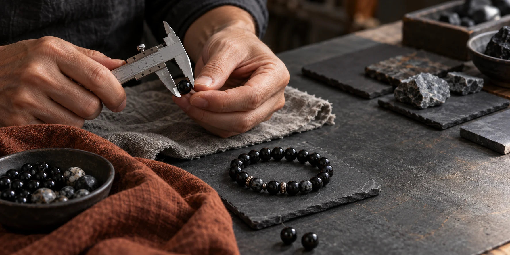 Hands measuring a black onyx bead with a metal caliper
